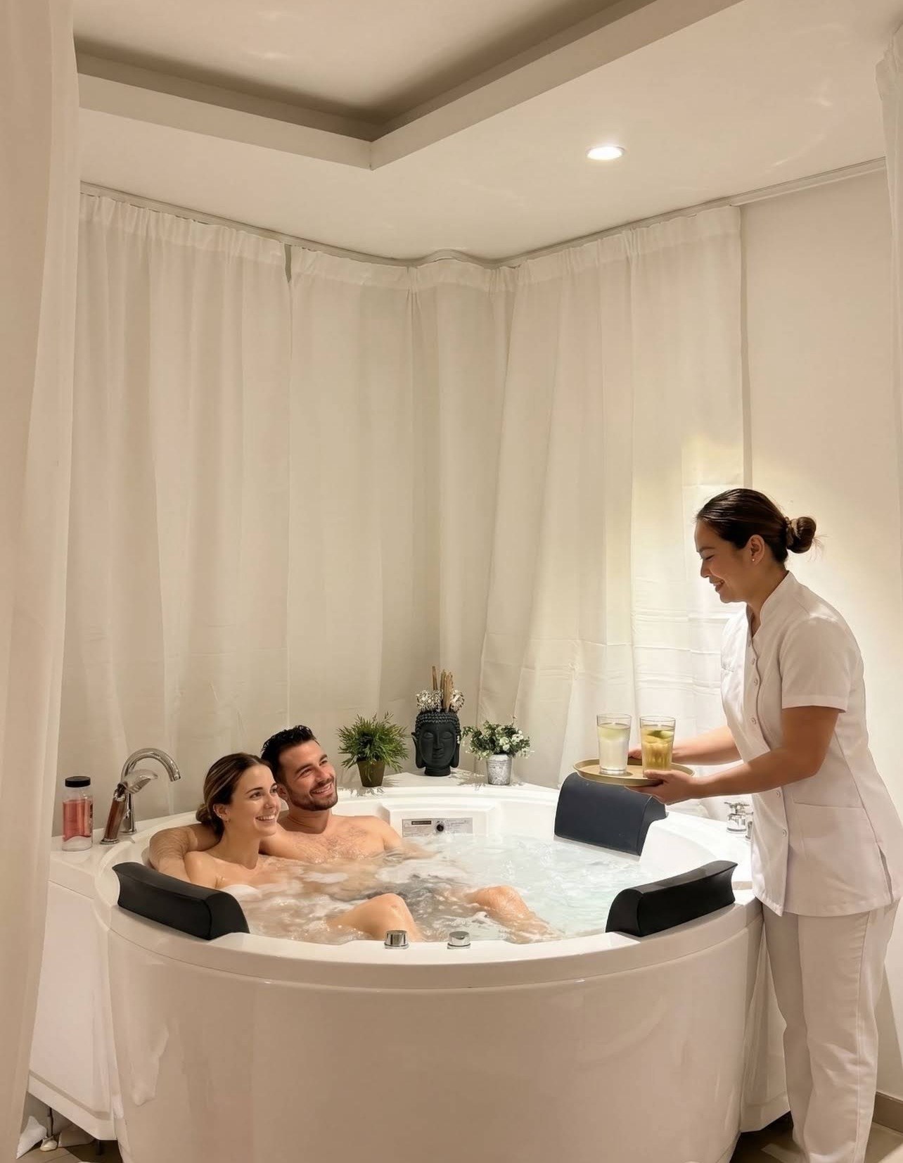 Adult couple relaxing in a private jacuzzi with spa service at The Moment